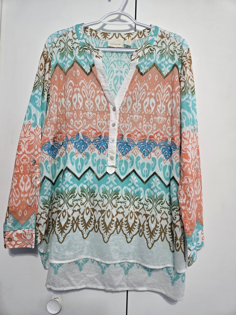 Chico's Size 3 XL Cotton‎ Boho Tunic Blouse Coral Aqua Embroidered Print